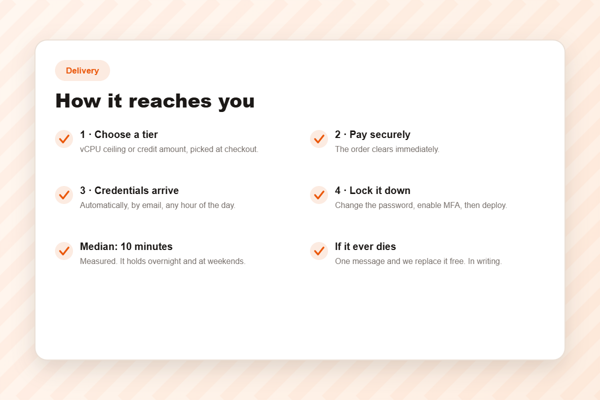Four-step delivery: choose a tier, pay, receive credentials, lock it down