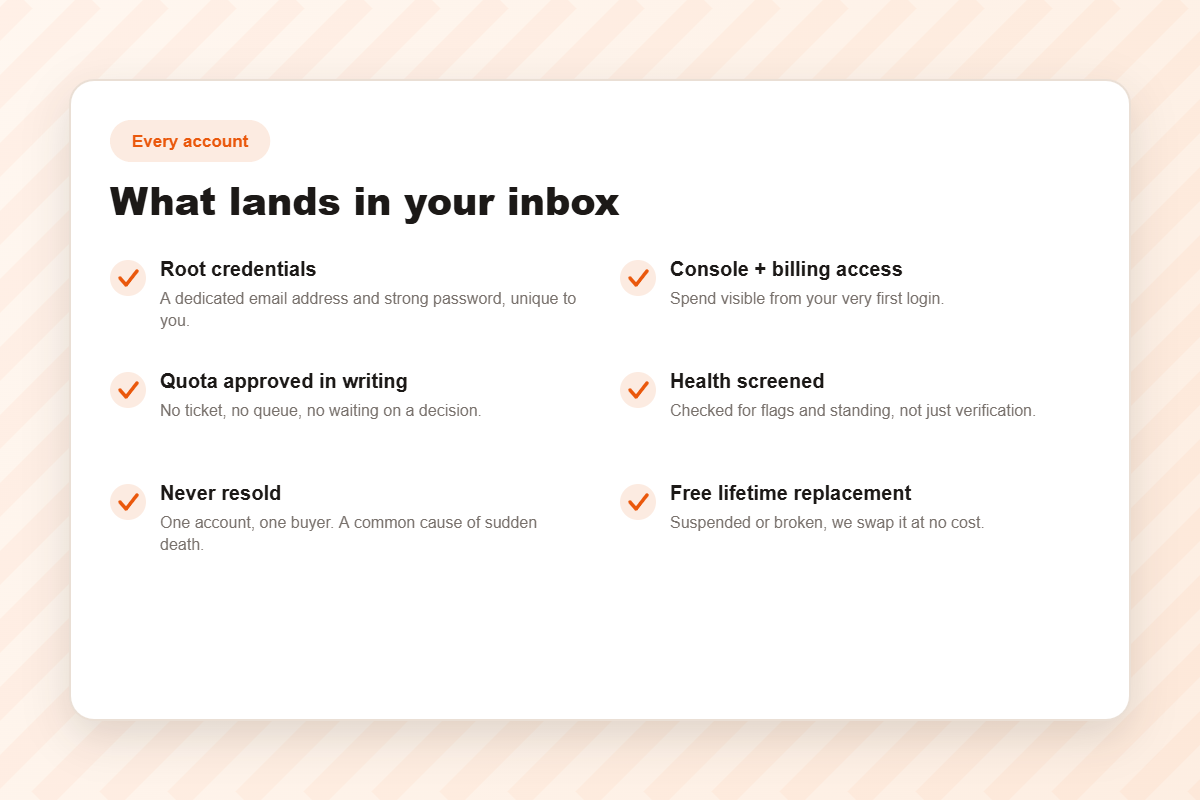 Everything included with every account: credentials, quota, health screening, replacement